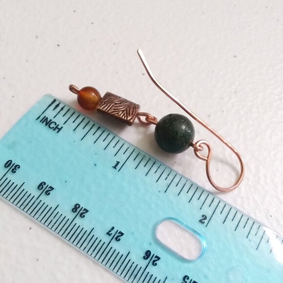 Autumn Alchemy: Copper & Forest Green Dangle Earrings with Russet Agate Warmth - Picture 6 of 7
